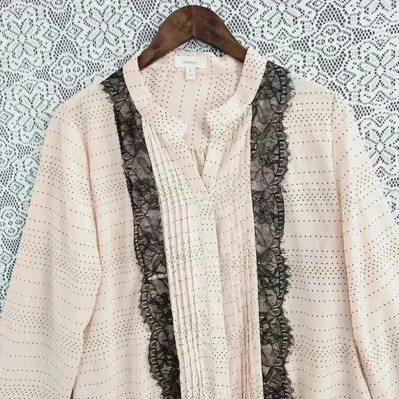 Freeway Button up Pattern Long sleeve Lace Women's Chiffon Blouse L - Picture 2 of 7